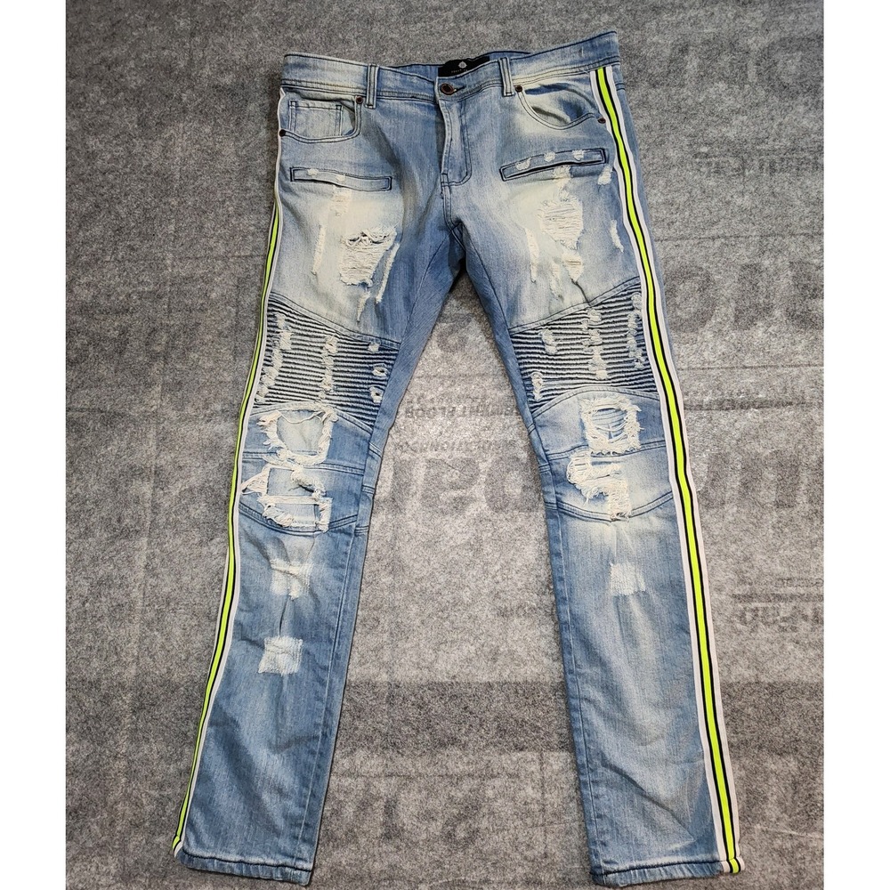Focus Jeans Mens 38x34 Blue Moto Racing Stretch Creased Distressed Side Stripe